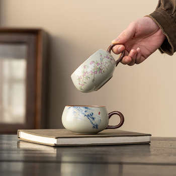 Ceșcuță de ceai Ruyao din porțelan cu mâner în formă de urechi, stil chinezesc, ceașcă unică pentru ceai și cafea