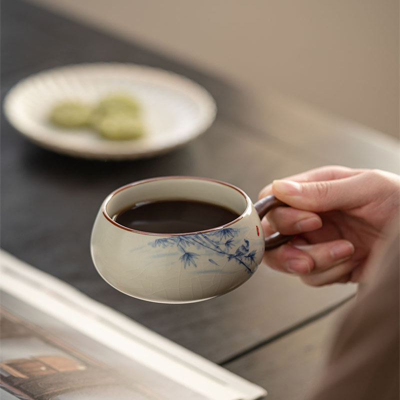 Ceșcuță de ceai Ruyao din porțelan cu mâner în formă de urechi, stil chinezesc, ceașcă unică pentru ceai și cafea