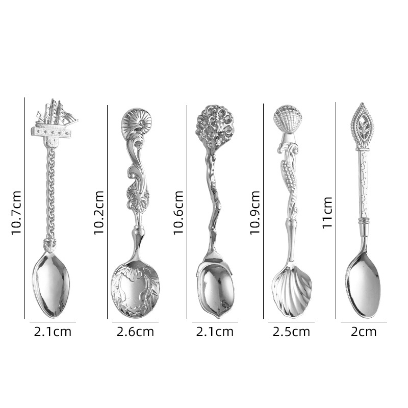 Lingură de desert și cafea, din aliaj de zinc, set decorativ de cadou cu temă marină — velier pe coajă de nuc, linguriță mică pentru ceai