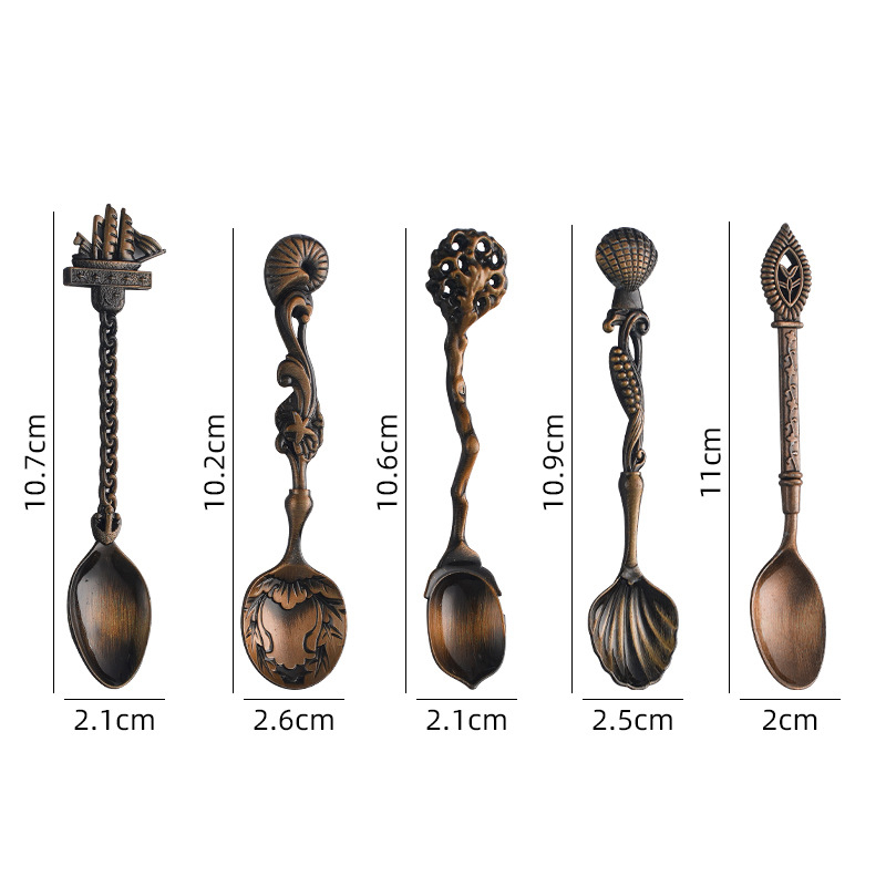 Lingură de desert și cafea, din aliaj de zinc, set decorativ de cadou cu temă marină — velier pe coajă de nuc, linguriță mică pentru ceai