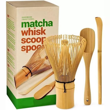 Set de unelte pentru matcha: perie de ceai din bambus, perie pentru matcha, lingură de ceai, bețișor pentru ceai, ambalaj alb cu gravură, stil japonez.