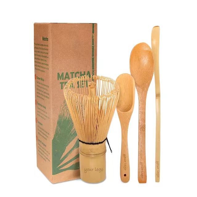 Set de unelte pentru matcha: perie de ceai din bambus, perie pentru matcha, lingură de ceai, bețișor pentru ceai, ambalaj alb cu gravură, stil japonez.