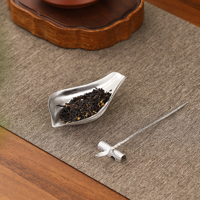 Set de ceai din tin cu trei piese, inspirat de Zen, cu petale de lotus, linguriță pentru ceai și accesorii pentru ceremonia Gongfu