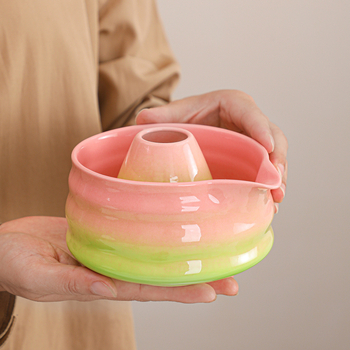 Set japonez ceramic pentru matcha, bol pentru matcha cu gradient roz și verde, cu gură și tel de bătut