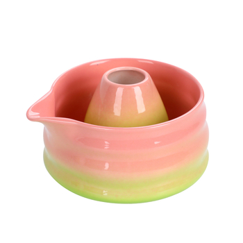 Set japonez ceramic pentru matcha, bol pentru matcha cu gradient roz și verde, cu gură și tel de bătut
