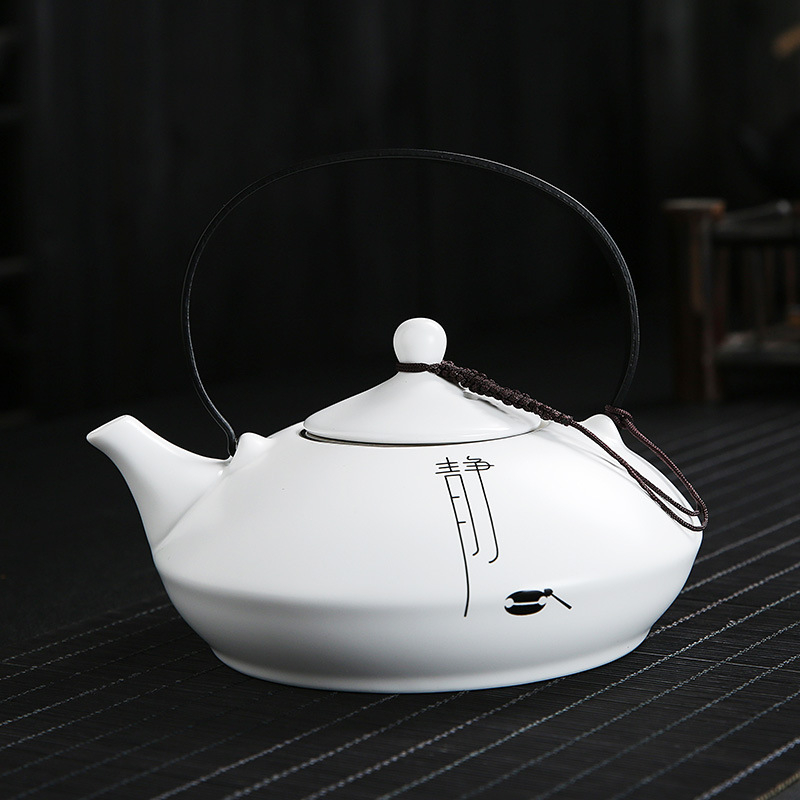 Ceainic mare Zen cu simbol Fu, mâner plat, ceramică, design modern minimalist, capacitate mare