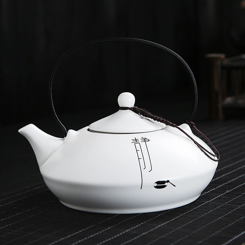 Ceainic mare Zen cu simbol Fu, mâner plat, ceramică, design modern minimalist, capacitate mare