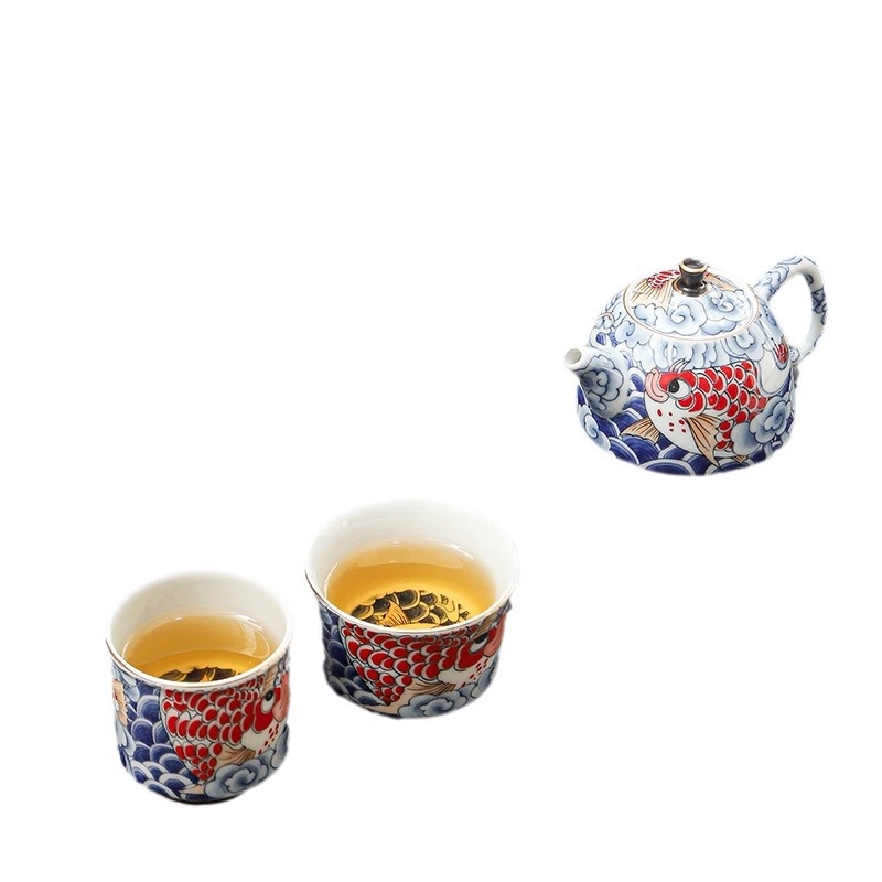 Set ceainic și ceașcă cu motiv pește dragon roșu, porțelan glazurat, pentru uz casnic, ceremonie Kung Fu ceai
