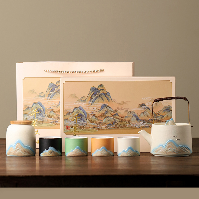 Set de ceai Kung Fu din ceramică, finisaj sub glazură, pentru 4 persoane, cutie cadou, logo personalizabil, stil nou chinezesc