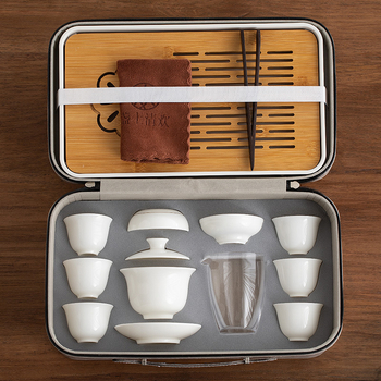 Set Gongfu de ceai de călătorie din ceramică cu gaiwan şi căni, porțelan alb, portabil, lux ușor