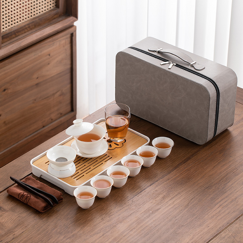 Set Gongfu de ceai de călătorie din ceramică cu gaiwan şi căni, porțelan alb, portabil, lux ușor