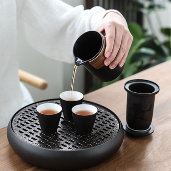 Set de ceai Kung Fu din ceramică neagră, portabil, cu 1 ceainic și 3 cești