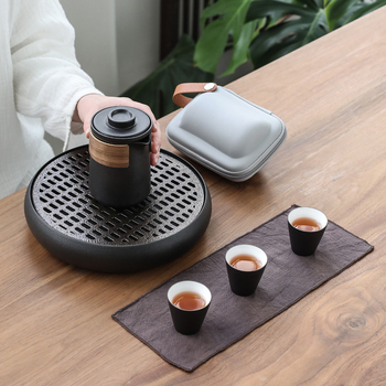 Set de ceai Kung Fu din ceramică neagră, portabil, cu 1 ceainic și 3 cești