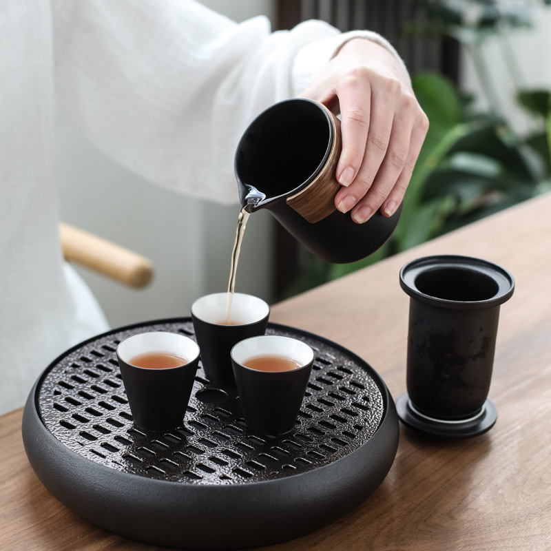 Set de ceai Kung Fu din ceramică neagră, portabil, cu 1 ceainic și 3 cești
