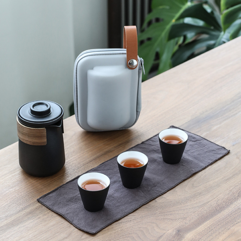 Set de ceai Kung Fu din ceramică neagră, portabil, cu 1 ceainic și 3 cești