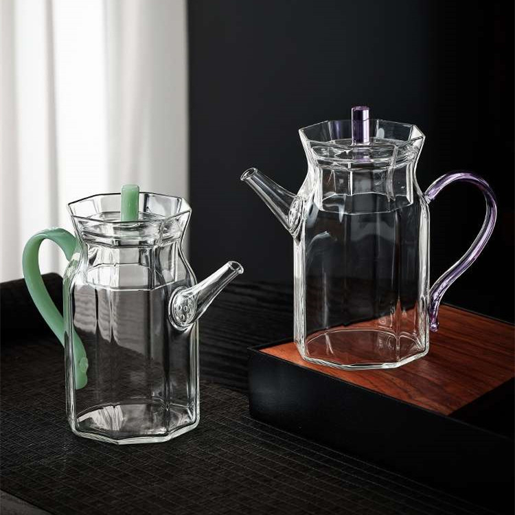 Ceainic transparent din sticlă borosilicat pentru ceai verde, imitare a stilului Song, cu mâner colorat, pentru uz casnic