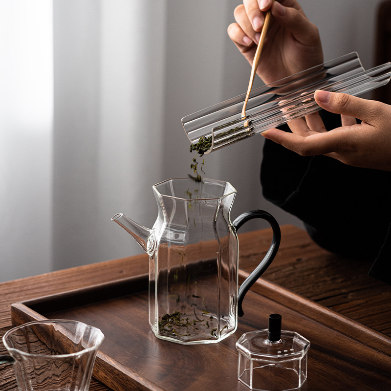Ceainic transparent din sticlă borosilicat pentru ceai verde, imitare a stilului Song, cu mâner colorat, pentru uz casnic