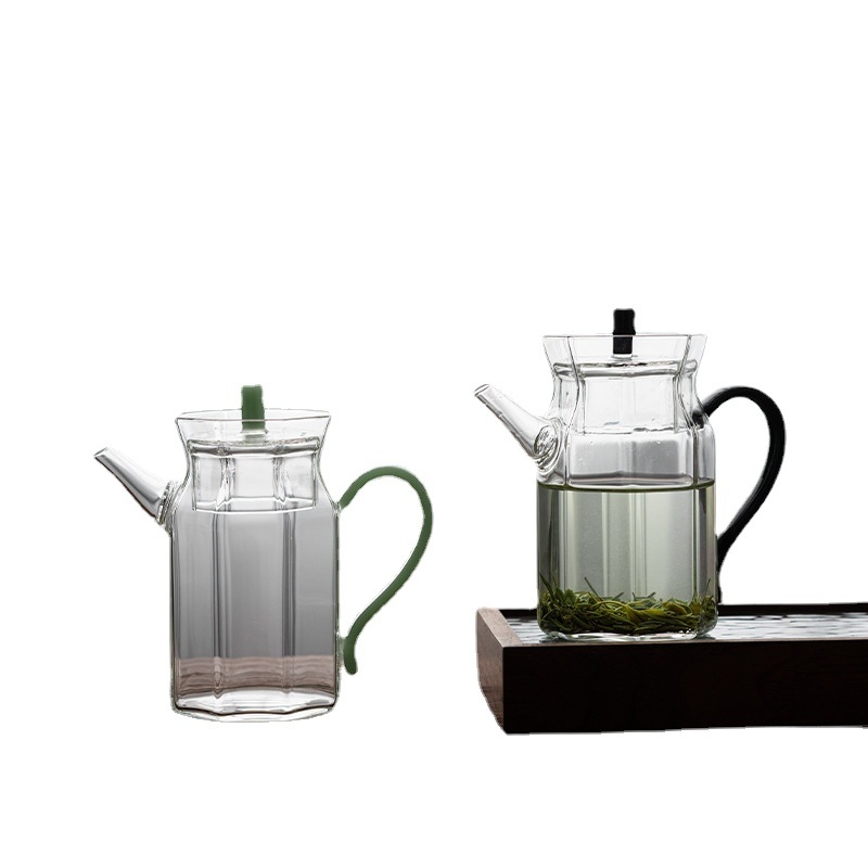 Ceainic transparent din sticlă borosilicat pentru ceai verde, imitare a stilului Song, cu mâner colorat, pentru uz casnic