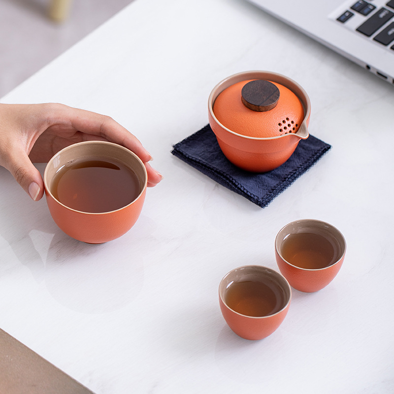 Set de ceai din ceramică pentru exterior: 1 ceainic și 3 cești, kit portabil Gongfu, cadou
