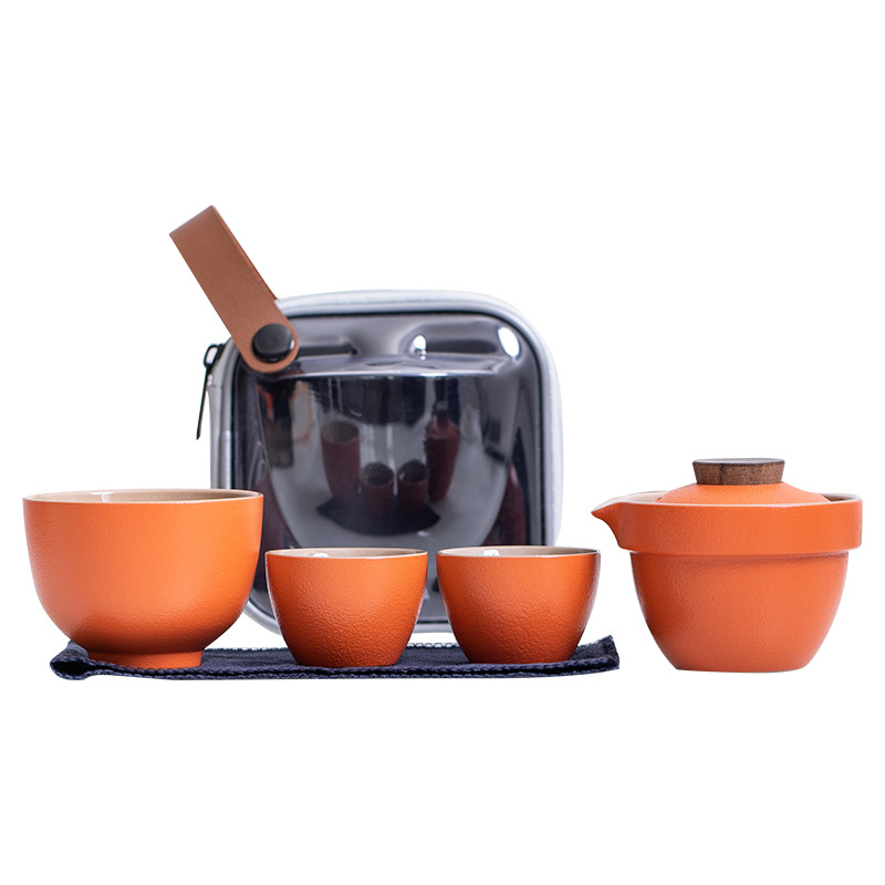 Set de ceai din ceramică pentru exterior: 1 ceainic și 3 cești, kit portabil Gongfu, cadou
