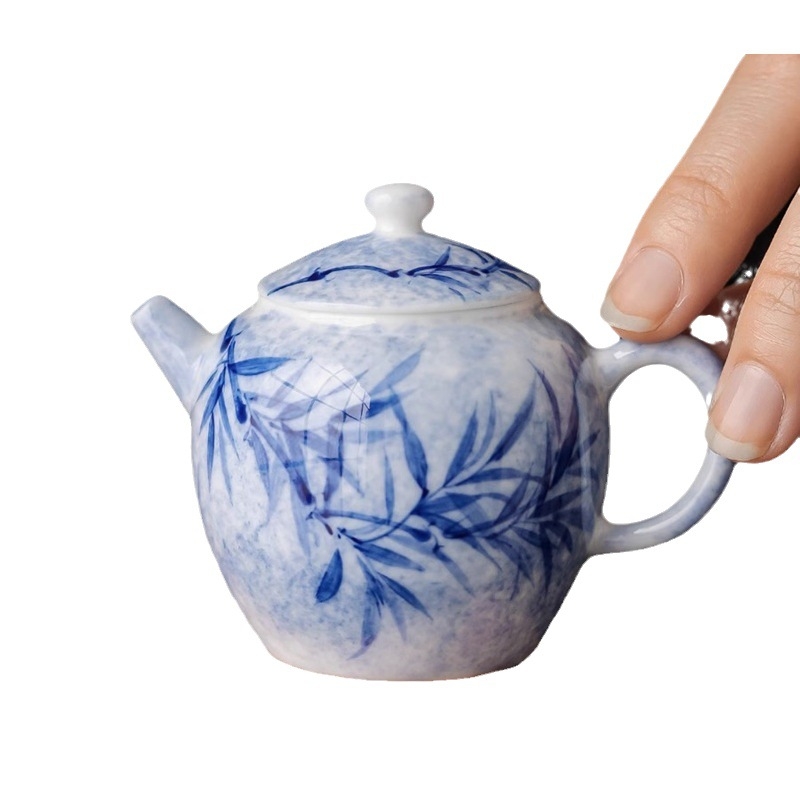 Ceainic ceramic pictat manual, cu motiv verde de bambus și filtru de separare ceai-apă, pentru uz casnic și birou