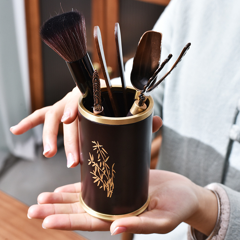 Set Gongfu pentru ceremonia ceaiului, Şase Domni, cu design din lemn dublu electric, include clips pentru ceai, ceașcă cu furculiță, stilou de întreținere a ceainicului, cuțit Pu'er și pachet de accesorii