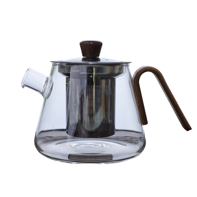 Ceainic din sticlă borosilicat rezistentă la temperaturi înalte, cu mâner din lemn și infuzor din oțel, compact pentru birou