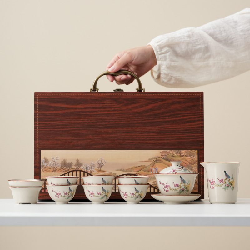 Gongfu set ceai din porțelan – set ceramic complet pentru casă și birou, stil chinezesc, lux discret
