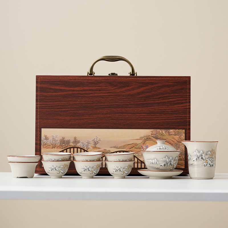 Gongfu set ceai din porțelan – set ceramic complet pentru casă și birou, stil chinezesc, lux discret