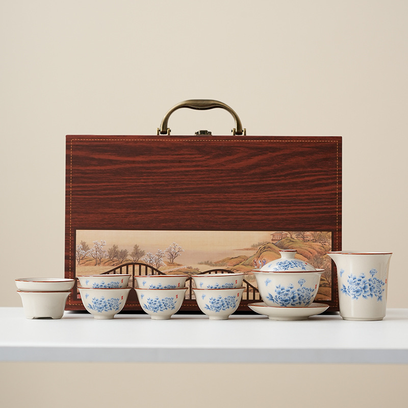 Gongfu set ceai din porțelan – set ceramic complet pentru casă și birou, stil chinezesc, lux discret
