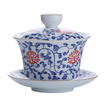 Gaiwan ceramic mare, cu decor albastru-auriu, set Gongfu pentru ceremonia ceaiului, stil retro chinezesc