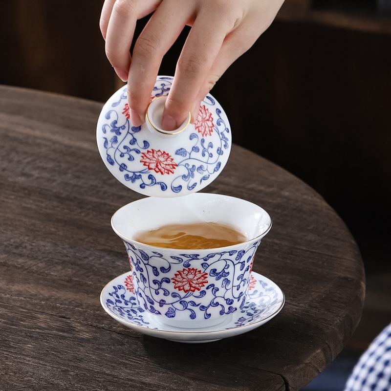 Gaiwan ceramic mare, cu decor albastru-auriu, set Gongfu pentru ceremonia ceaiului, stil retro chinezesc