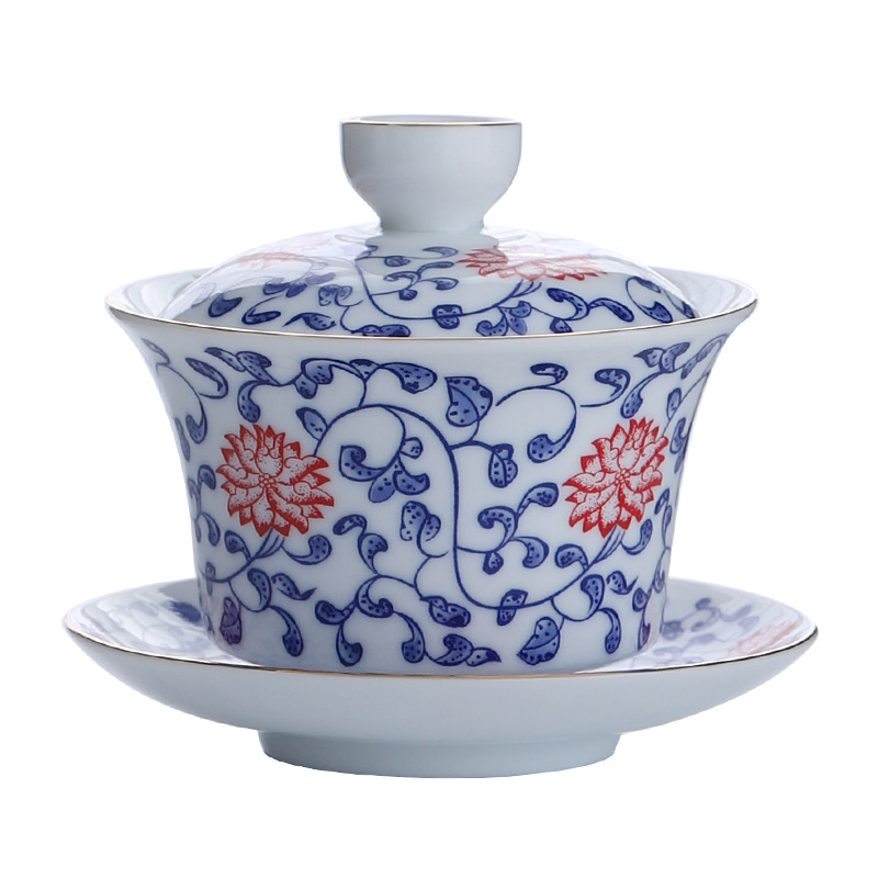Gaiwan ceramic mare, cu decor albastru-auriu, set Gongfu pentru ceremonia ceaiului, stil retro chinezesc