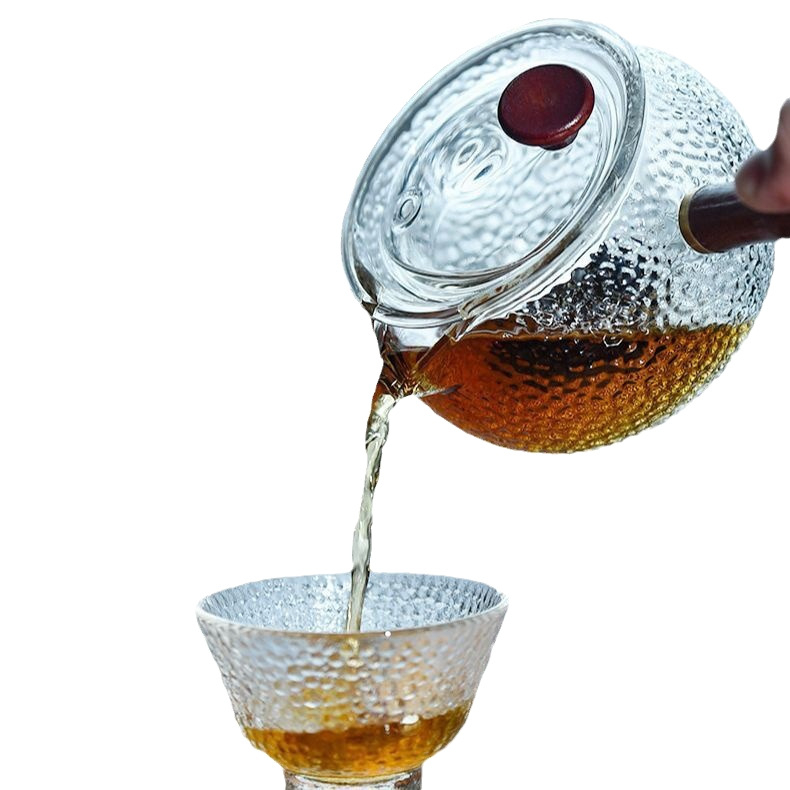 Ceainic din sticlă de 380 ml, cu mâner lateral ciocănit, infuzor pentru separarea apei de ceai, ceaiuri florale, stil chinezesc