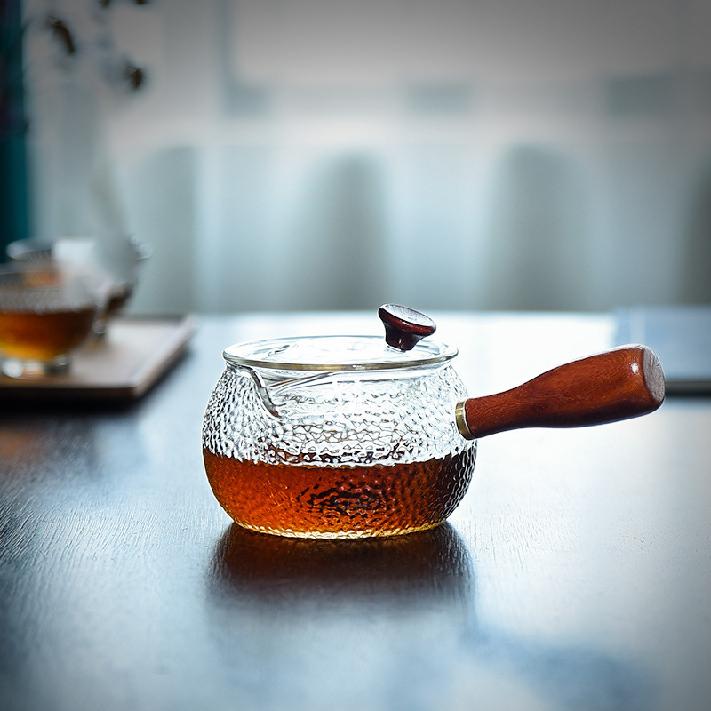 Ceainic din sticlă de 380 ml, cu mâner lateral ciocănit, infuzor pentru separarea apei de ceai, ceaiuri florale, stil chinezesc