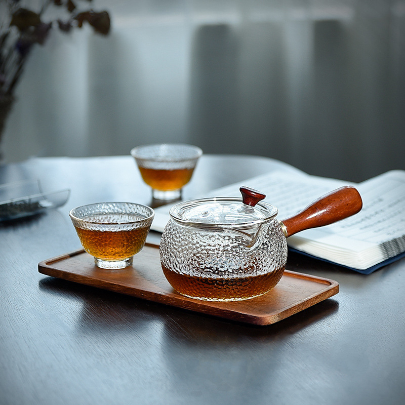Ceainic din sticlă de 380 ml, cu mâner lateral ciocănit, infuzor pentru separarea apei de ceai, ceaiuri florale, stil chinezesc