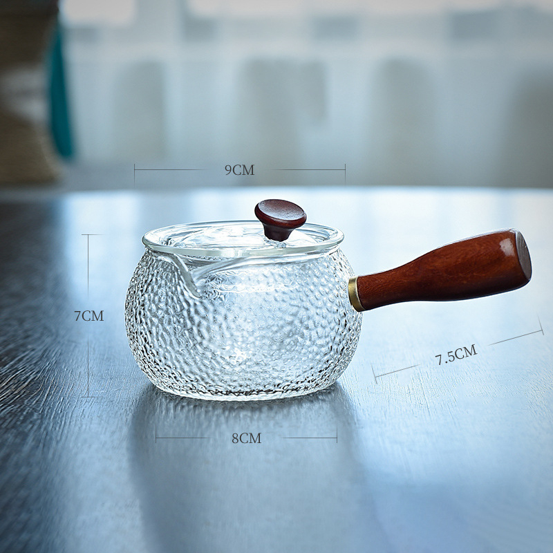 Ceainic din sticlă de 380 ml, cu mâner lateral ciocănit, infuzor pentru separarea apei de ceai, ceaiuri florale, stil chinezesc