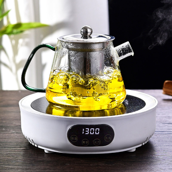 Ceainic din sticlă borosilikat rezistent la temperaturi, compact pentru birou, mâner din lemn, filtru din oțel inoxidabil