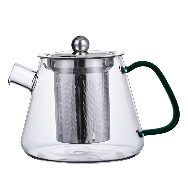 Ceainic din sticlă borosilikat rezistent la temperaturi, compact pentru birou, mâner din lemn, filtru din oțel inoxidabil