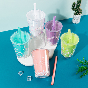 Pahar din plastic dublu pereți, mare capacitate, cu pai, pentru ceai cu lapte