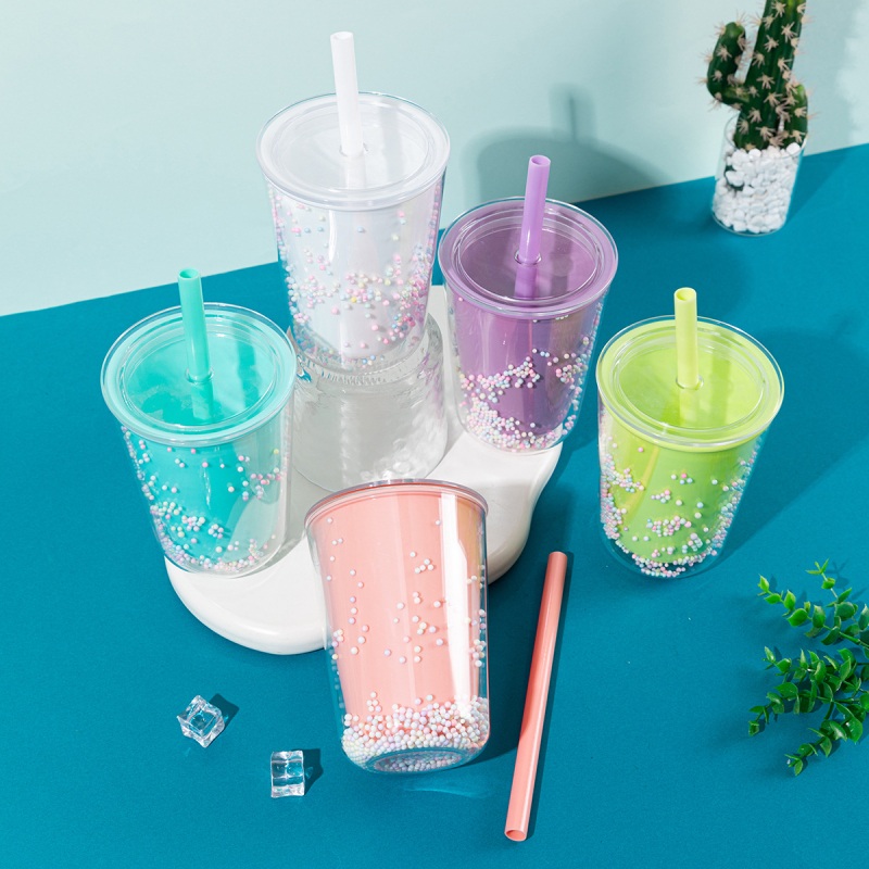Pahar din plastic dublu pereți, mare capacitate, cu pai, pentru ceai cu lapte