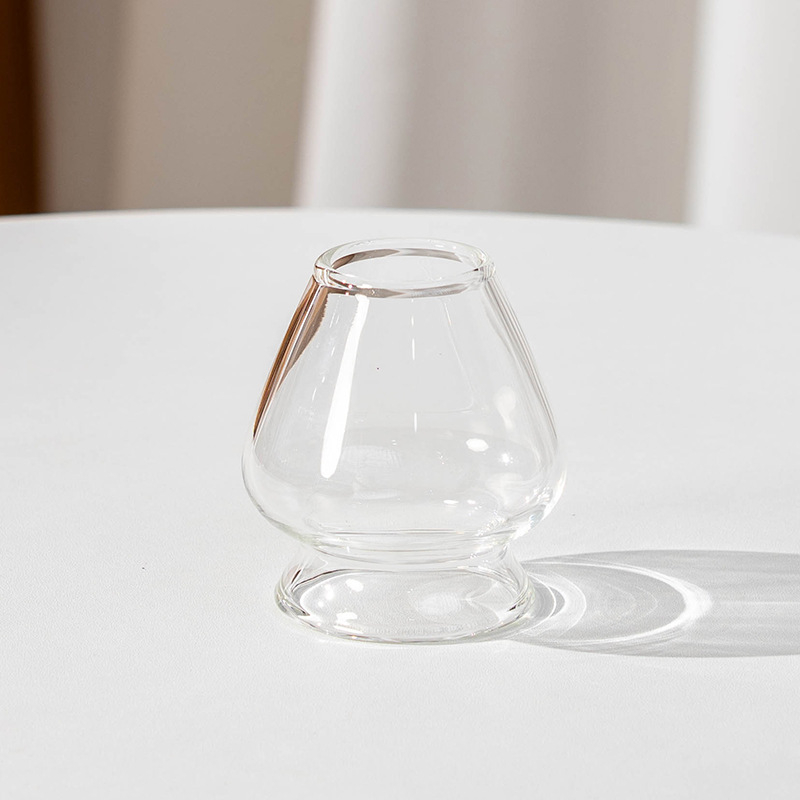 Vas de matcha din sticlă cu textură ciocănită, design transparent în stil japonez, include tel pentru ceai și suport, din sticlă borosilicată