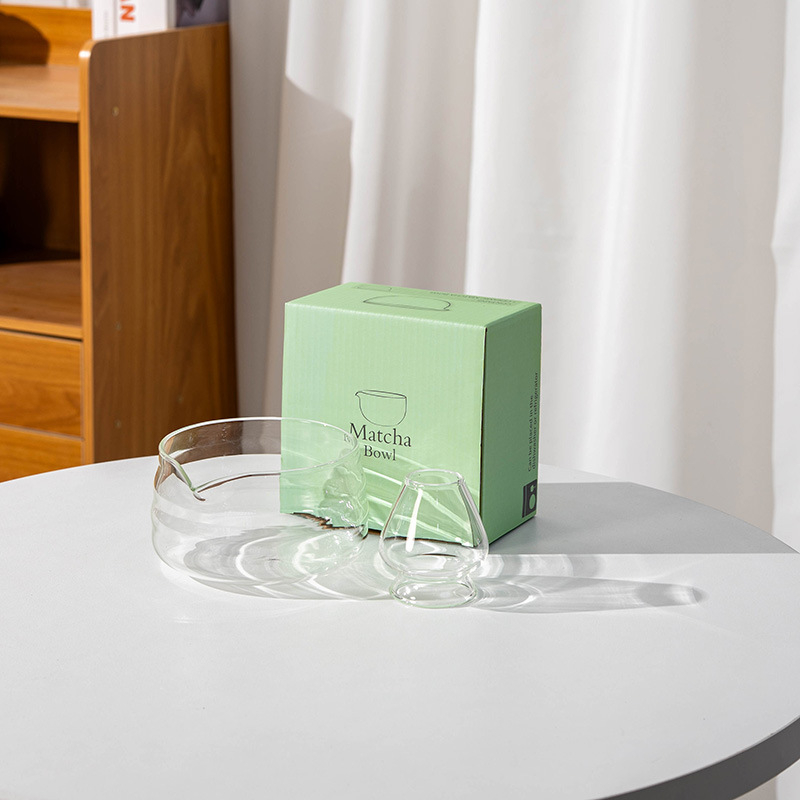 Vas de matcha din sticlă cu textură ciocănită, design transparent în stil japonez, include tel pentru ceai și suport, din sticlă borosilicată