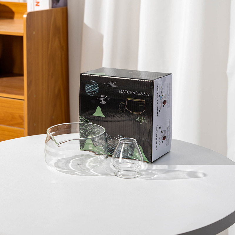 Vas de matcha din sticlă cu textură ciocănită, design transparent în stil japonez, include tel pentru ceai și suport, din sticlă borosilicată