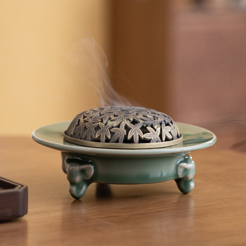Arzător de tămâie Celadon din ceramică, cu capac din cupru, pentru uz casnic, aromaterapie cu parfum de santal