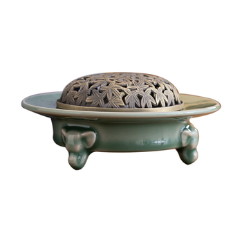 Arzător de tămâie Celadon din ceramică, cu capac din cupru, pentru uz casnic, aromaterapie cu parfum de santal