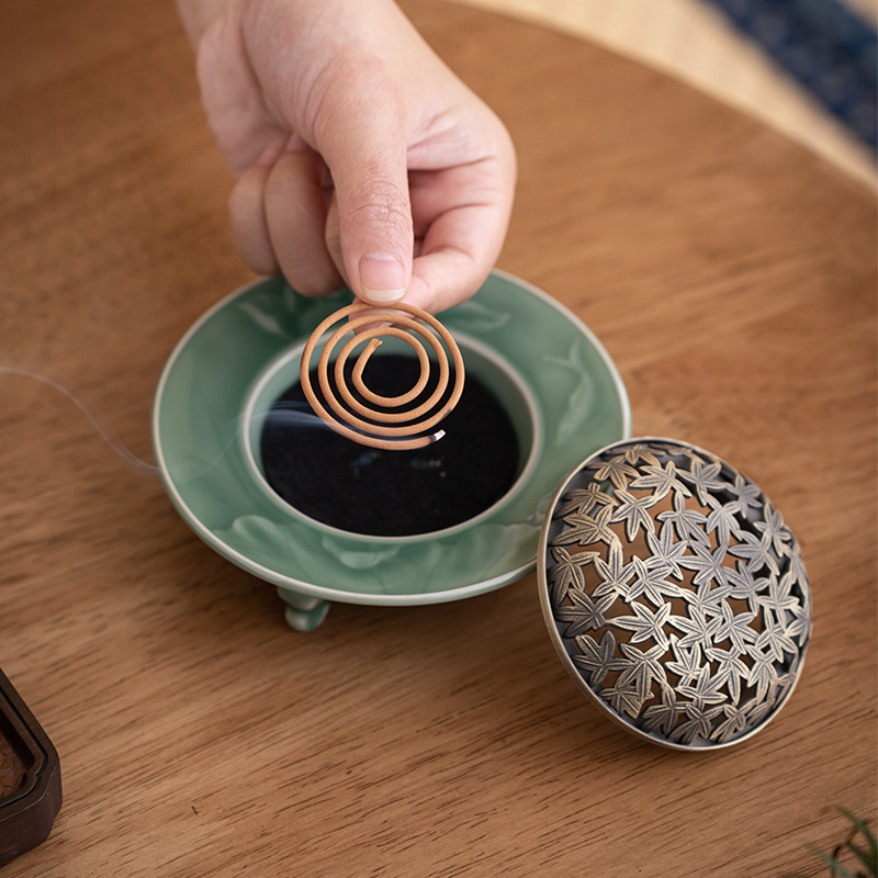 Arzător de tămâie Celadon din ceramică, cu capac din cupru, pentru uz casnic, aromaterapie cu parfum de santal