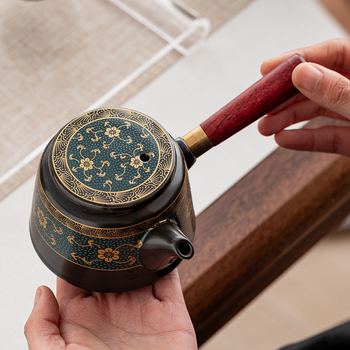 Ceainic ceramic cu mâner lateral din lemn, design anti-arziere, stil chinezesc Kung Fu, set de ceai cu filtrare și separare ceai-apă