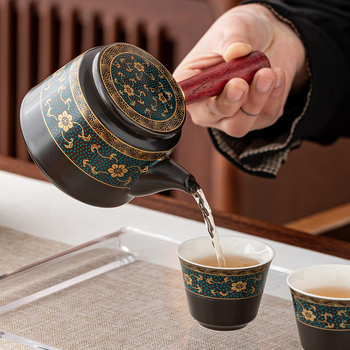 Ceainic ceramic cu mâner lateral din lemn, design anti-arziere, stil chinezesc Kung Fu, set de ceai cu filtrare și separare ceai-apă