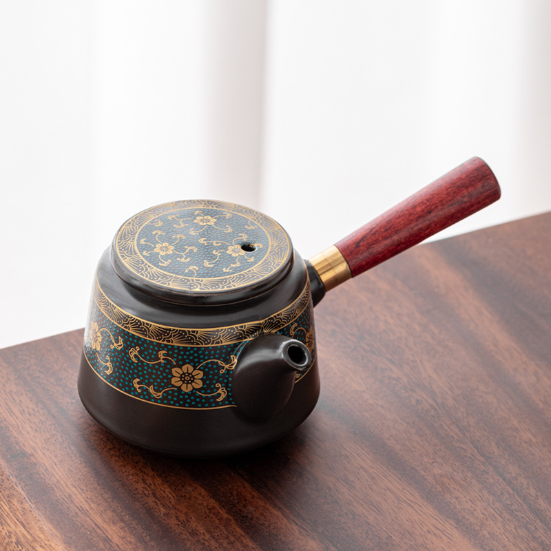 Ceainic ceramic cu mâner lateral din lemn, design anti-arziere, stil chinezesc Kung Fu, set de ceai cu filtrare și separare ceai-apă